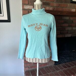 VTG Roxy Jean Ribbed Long Sleeve Turtleneck Sweater in Turquoise Blue Sz M